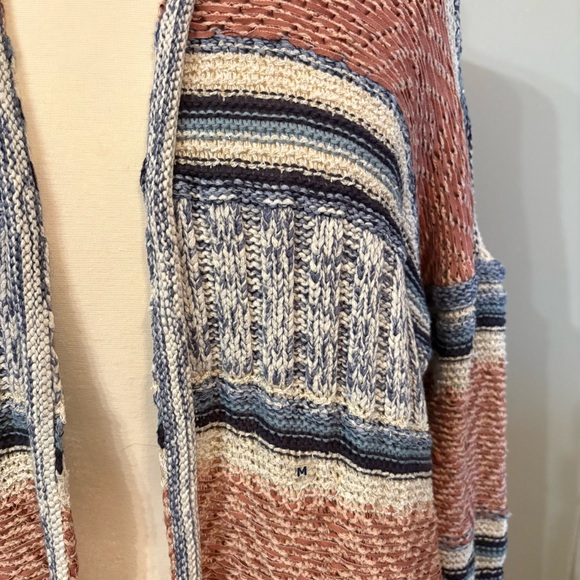 American‎ Eagle Distressed Brown Navy Blue White Striped Cardigan (Women's M) - Picture 3 of 10